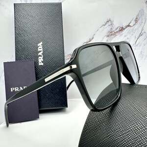 NEW PRADA Sunglasses Black Aviator Pilot 55-17mm Grey Lens Silver Logo
